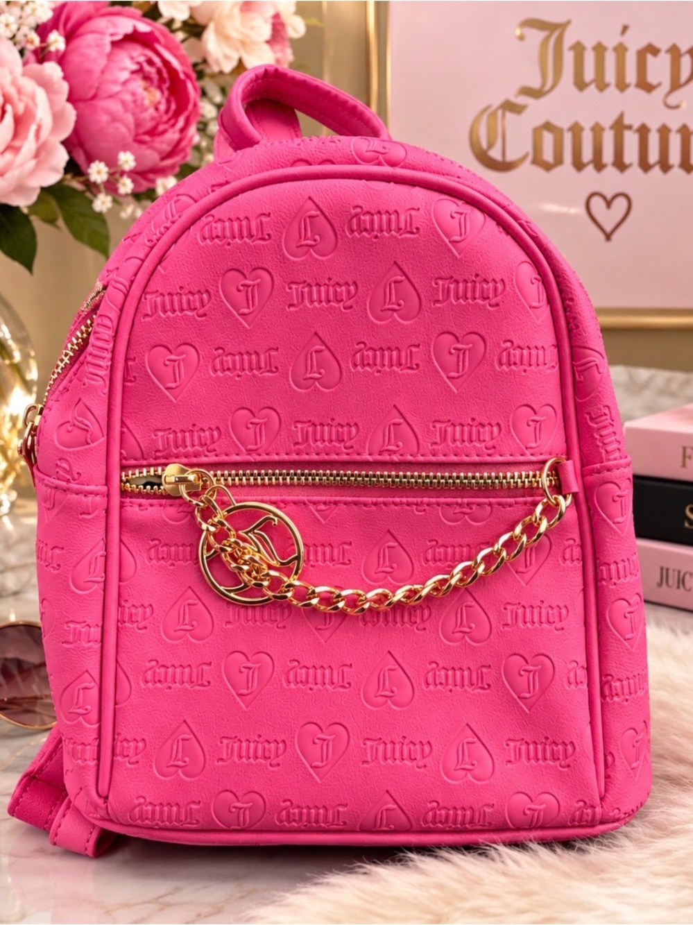 Juicy Couture Hot Pink Embossed Mini Backpack with Gold Chain